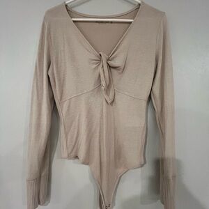 Abercrombie & Fitch Tan Long Sleeve Tie-Front Bodysuit